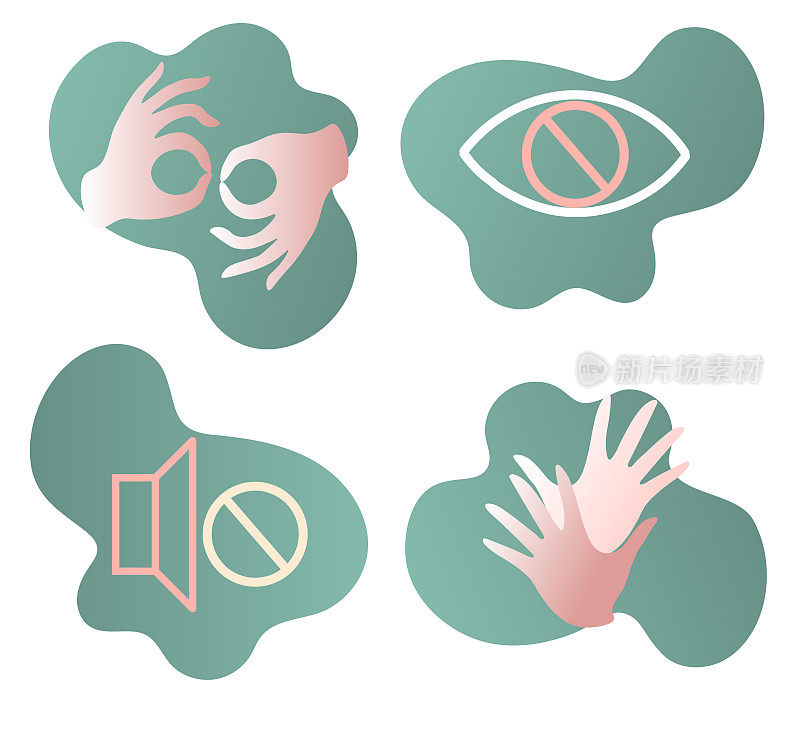 Vector icons set of disability. Flat design. Sign gesture, blind and deaf disability